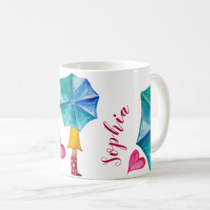 Taza De Café Arte acuarela Chica de paraguas personalizado