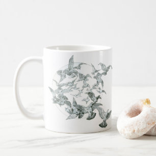 Taza De Café Arte Antiguo Moderno Flock de Aves con Luna Llena