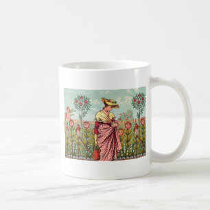 Taza De Café Arte Antiguo Mujer Flor Creciente Jardín