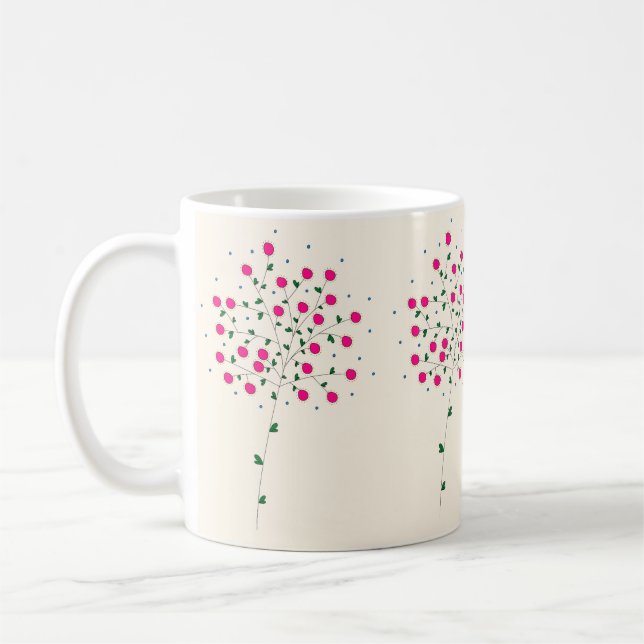 Taza De Café Arte Botânica Harmônica com Flores Rosas e Folhas (Izquierda)