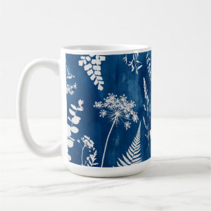 Taza De Café Arte botánico de helecho con cianotipia azul añil 