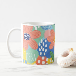 Taza De Café Arte Botánico Divertido Floral Colorido Caprichoso