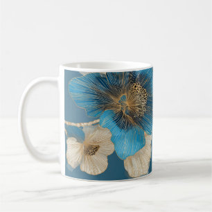 Taza De Café Arte botánico floral de línea de oro azul amapola