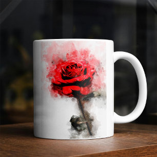 Taza De Café Arte de Acuarela de Rosa Roja sobre Fondo Blanco