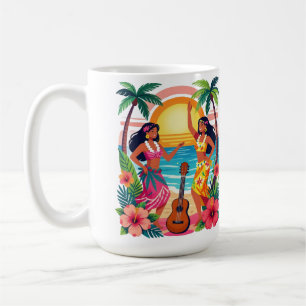 Taza De Café Arte de baile tropical hawaiano Hula puesta de sol