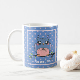 Taza De Café Arte de búho lindo con lunares personalizados azul