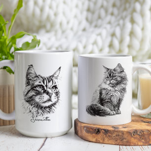 Taza De Café Arte de esbozo de la cabeza del gato grabado en ne