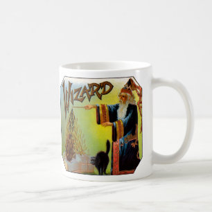 Taza De Café Arte de etiqueta de cigarro antiguo, mago con gato