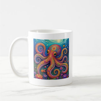 Taza De Café Arte de fantasía submarina de pulpo floral colorid