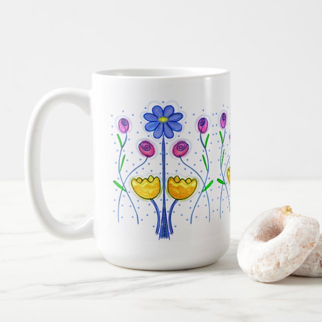 Taza De Café Arte De Flor Cuidadosa En Fila Azul Rosa Amarillo (Con donut)