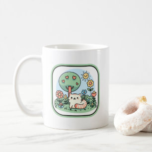 Taza De Café Arte de garabatos de un gato lindo en un jardín