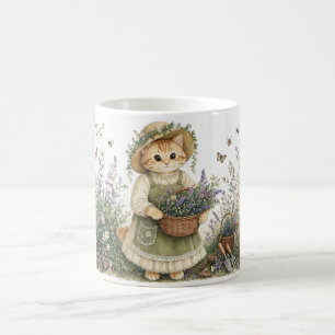 Taza De Café Arte de jardín de lavanda de Cottagecore Gatito
