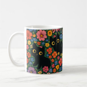 Taza De Café Arte de jardín Kawaii Patrón floral de gato negr