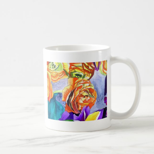 Taza De Café Arte de la acuarela de Ranunculus e Iris (Derecha)