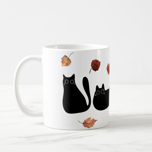 Taza De Café Arte de la línea de gato caprichosa con hojas de o (Izquierda)