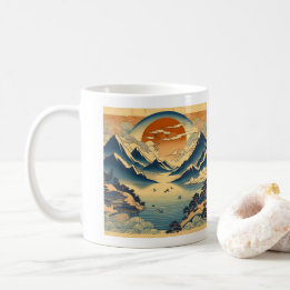 Taza De Café Arte de lago y templo al atardecer en montaña con