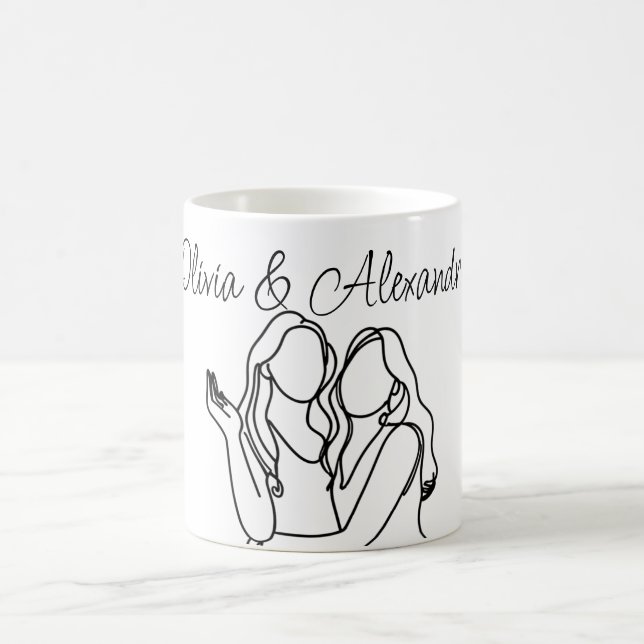 Taza De Café Arte de línea de parejas de lesbianas personalizad (Centro)