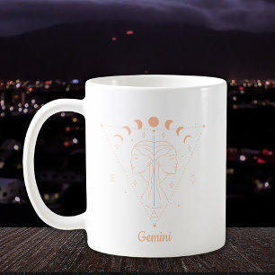 Taza De Café Arte de línea de Zodiaco Géminis Blanco Melocotón