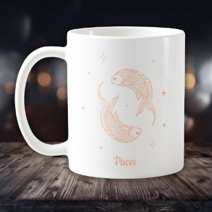 Taza De Café Arte de línea de Zodiaco Piscis Blanco Melocotón