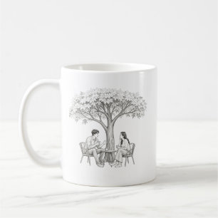 Taza De Café Arte de página para colorear de pareja bajo el árb