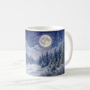 Taza De Café Arte de paisaje forestal invernal iluminado por la