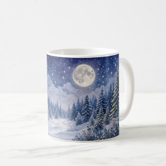 Taza De Café Arte de paisaje forestal invernal iluminado por la