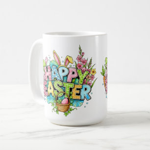 Taza De Café Arte de Pascua juguetón con orejas de conejo y flo