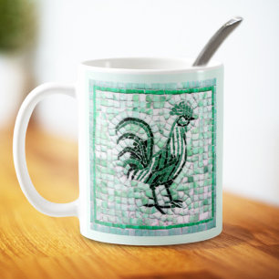 Taza De Café Arte de Pollo Mosaico en Tonos de Verde y Negro