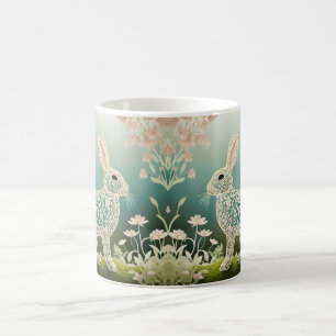 Taza De Café Arte de primavera en conejo floral blanco