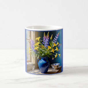 Taza De Café Arte de ramo azul amarillo púrpura
