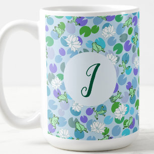 Taza De Café Arte de rana linda Nenúfares azules Monograma pers