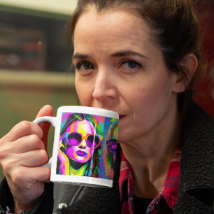 Taza De Café Arte digital abstracto colorido   Mujeres con gafa
