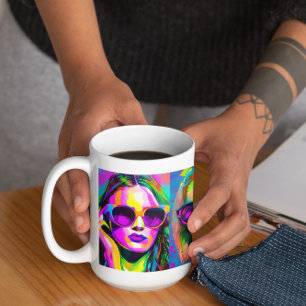 Taza De Café Arte digital abstracto colorido Mujeres con gafa