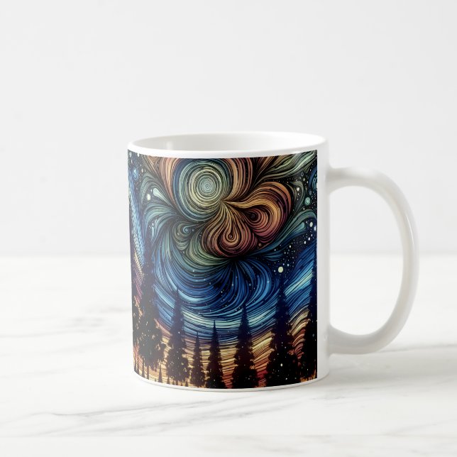 Taza De Café Arte etéreo místico con árboles y cielo nocturno (Derecha)