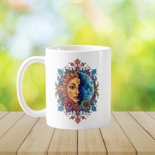 Taza De Café Arte Floral Boho del Sol y la Luna Psicodélico