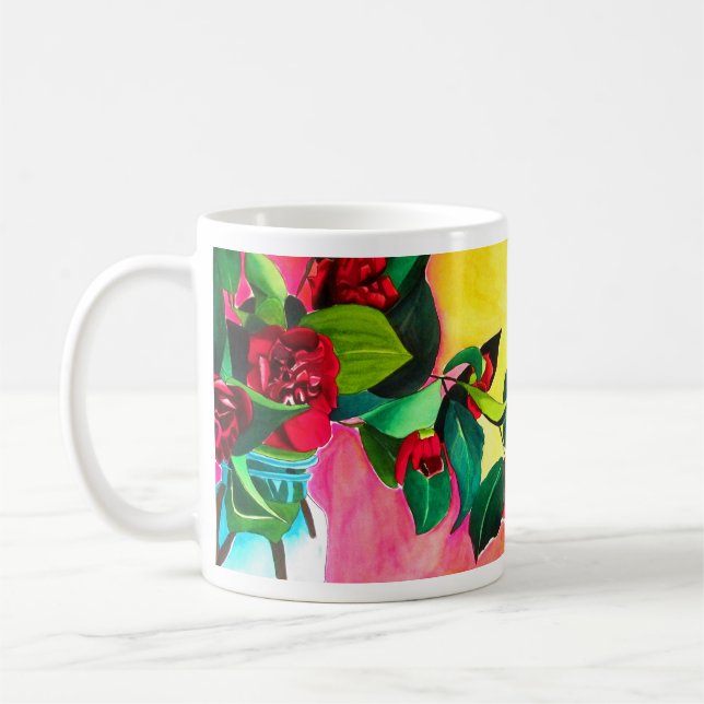 Taza De Café Arte floral de Camellias Rojas (Izquierda)
