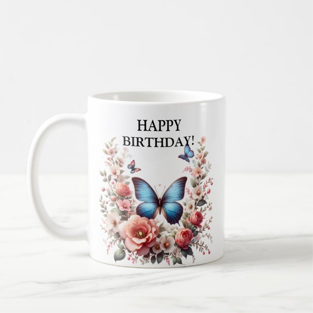 Taza De Café Arte Floral de Mariposa Azul Personalizable-96279 (Izquierda)