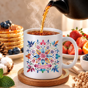 Taza De Café Arte floral de monograma festivo folclórico de Nav