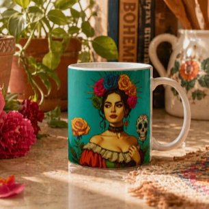 Taza De Café Arte Floral de Retrato Inspirado en Frida