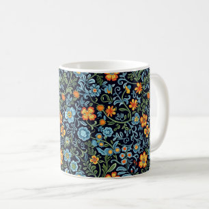 Taza De Café Arte floral intrincado: flores azules y naranjas
