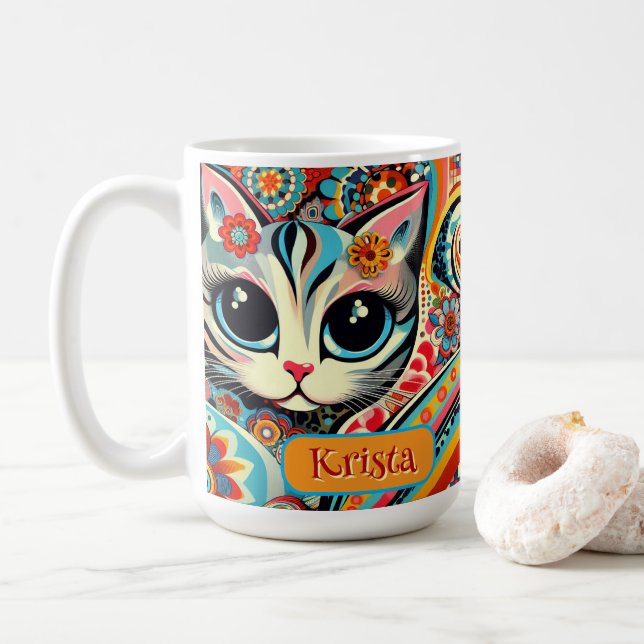 Taza De Café Arte folclórico mexicano abstracto de gato gatito  (Con donut)