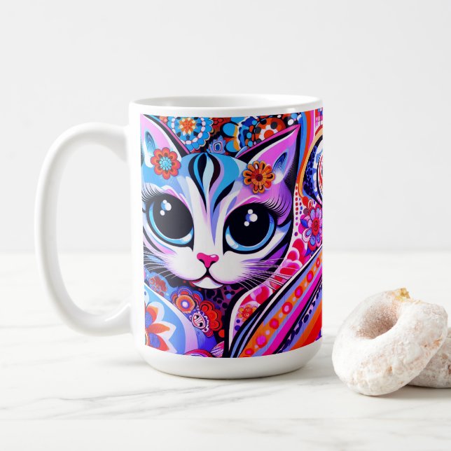 Taza De Café Arte folclórico mexicano Resumen estilo Gato gitan (Con donut)