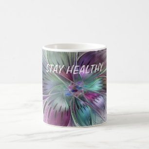 Taza De Café Arte fractal floral de flores abstractas coloridas