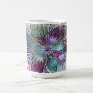 Taza De Café Arte fractal floral moderno abstracto colorido