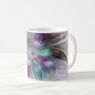 Taza De Café Arte fractal floral moderno abstracto colorido