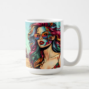 Taza De Café Arte fracturado   Mujer abstracta en la playa
