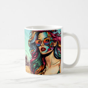 Taza De Café Arte fracturado   Mujer abstracta en la playa