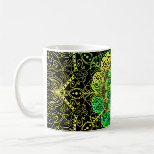 Taza De Café Arte Mandala: Detalle amarillo verde.