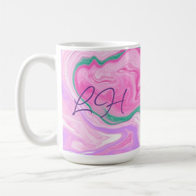 Taza De Café Arte Monogramado Rosa, Púrpura, Mint Green Marble (Izquierda)