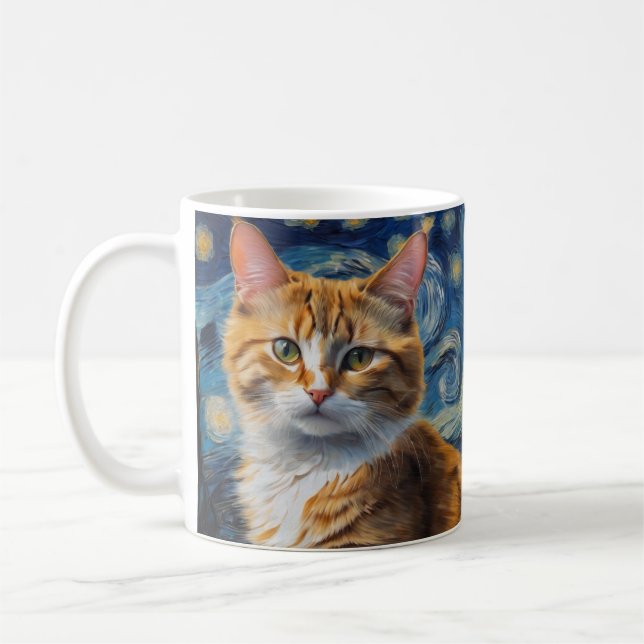 Taza De Café Arte nocturno estrellado con un gato (Izquierda)